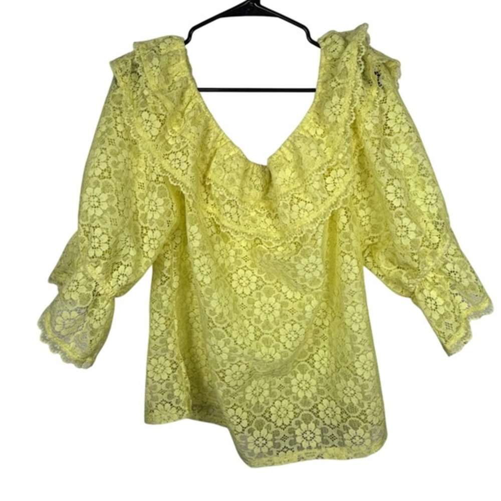 Womens Sheer Vintage Boho Cottagecore Yellow Lace Ruffle Off Shoulder Blouse Top
